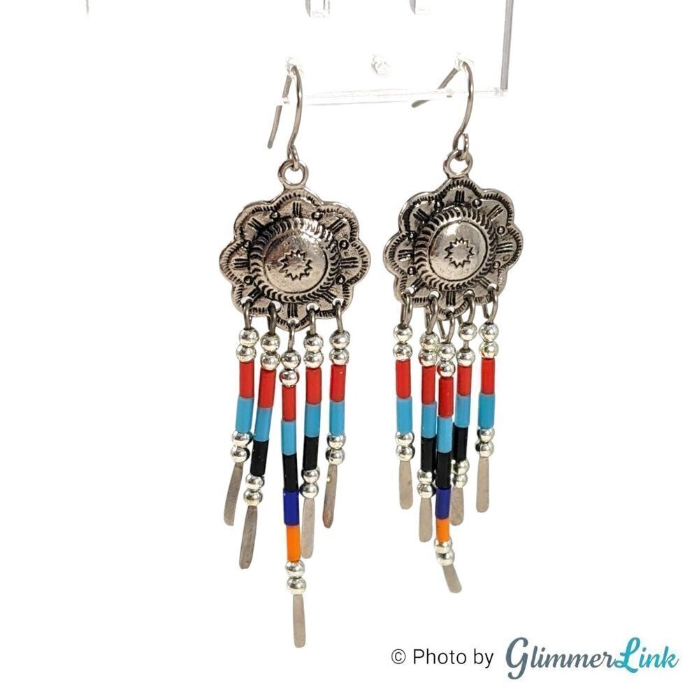 Bohemian Fringe Beaded Multicolor Silver Tone Dangle Earrings